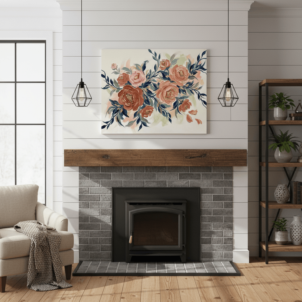 Living room with a fireplace, floral painting above it, and a beige armchair.