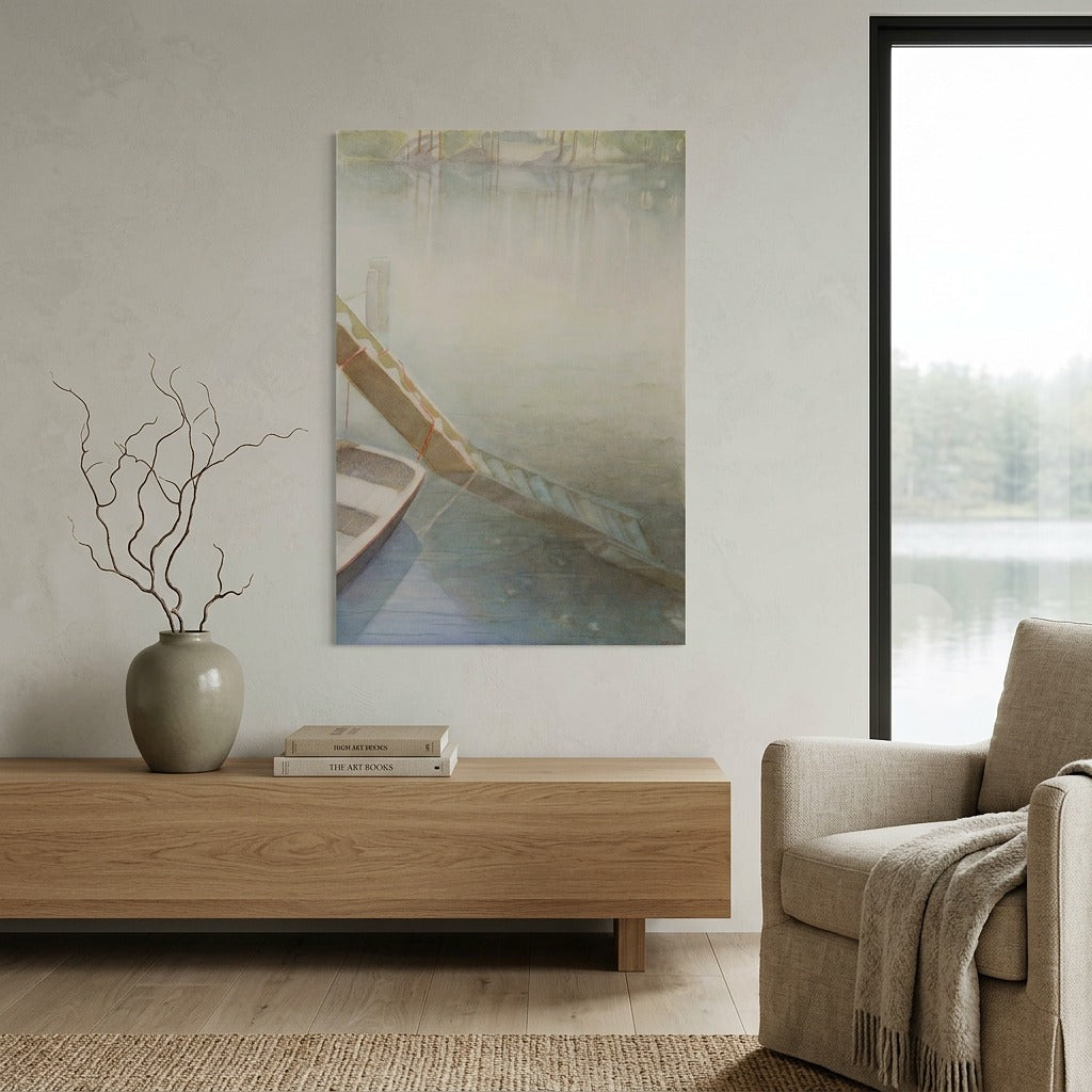 "Fog on the Lake" Peaceful Watercolor - Large Format Canvas Framed Options