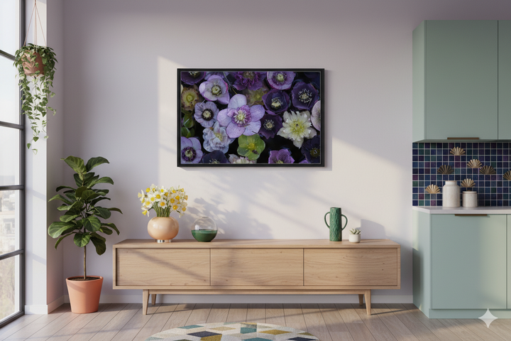 Living room with a floral artwork, wooden cabinet, and decorative items - by Andrew Semple on Bromont Media