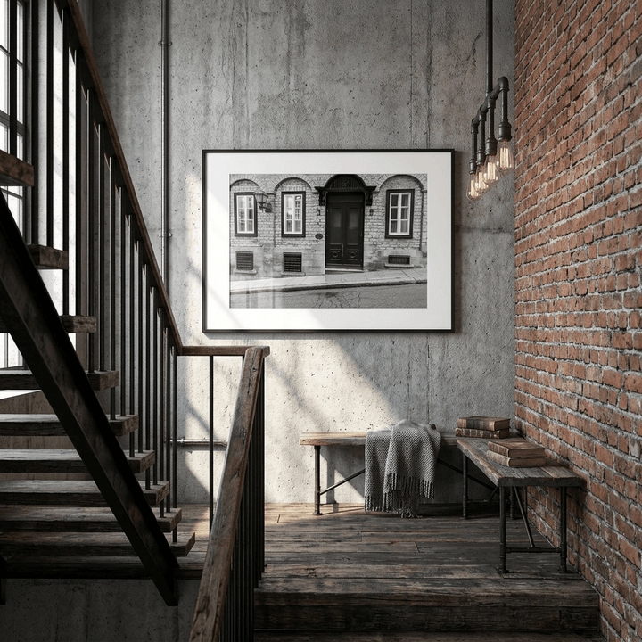 Staircase with a framed black and white photograph on a concrete wall, next to a brick wall - Studio Shefford