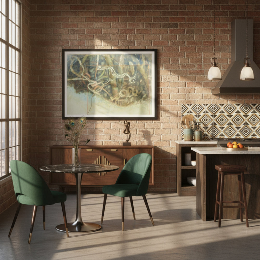 Modern Art Deco kitchen with green chairs, round table, and abstract painting on wall  by Veronique Semple on Bromont Media
