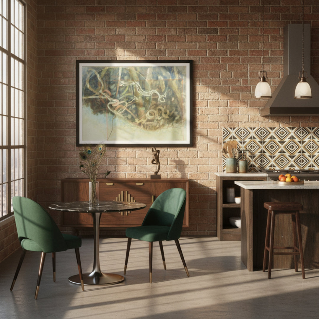 Modern Art Deco kitchen with green chairs, round table, and abstract painting on wall  by Veronique Semple on Bromont Media
