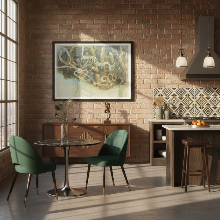 Modern Art Deco kitchen with green chairs, round table, and abstract painting on wall  by Veronique Semple on Bromont Media
