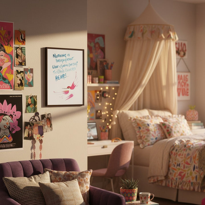 Cozy girl's bedroom with a bed, sofa, and wall decorations including a hummingbird painting - by Andrew Semple on Bromont Media