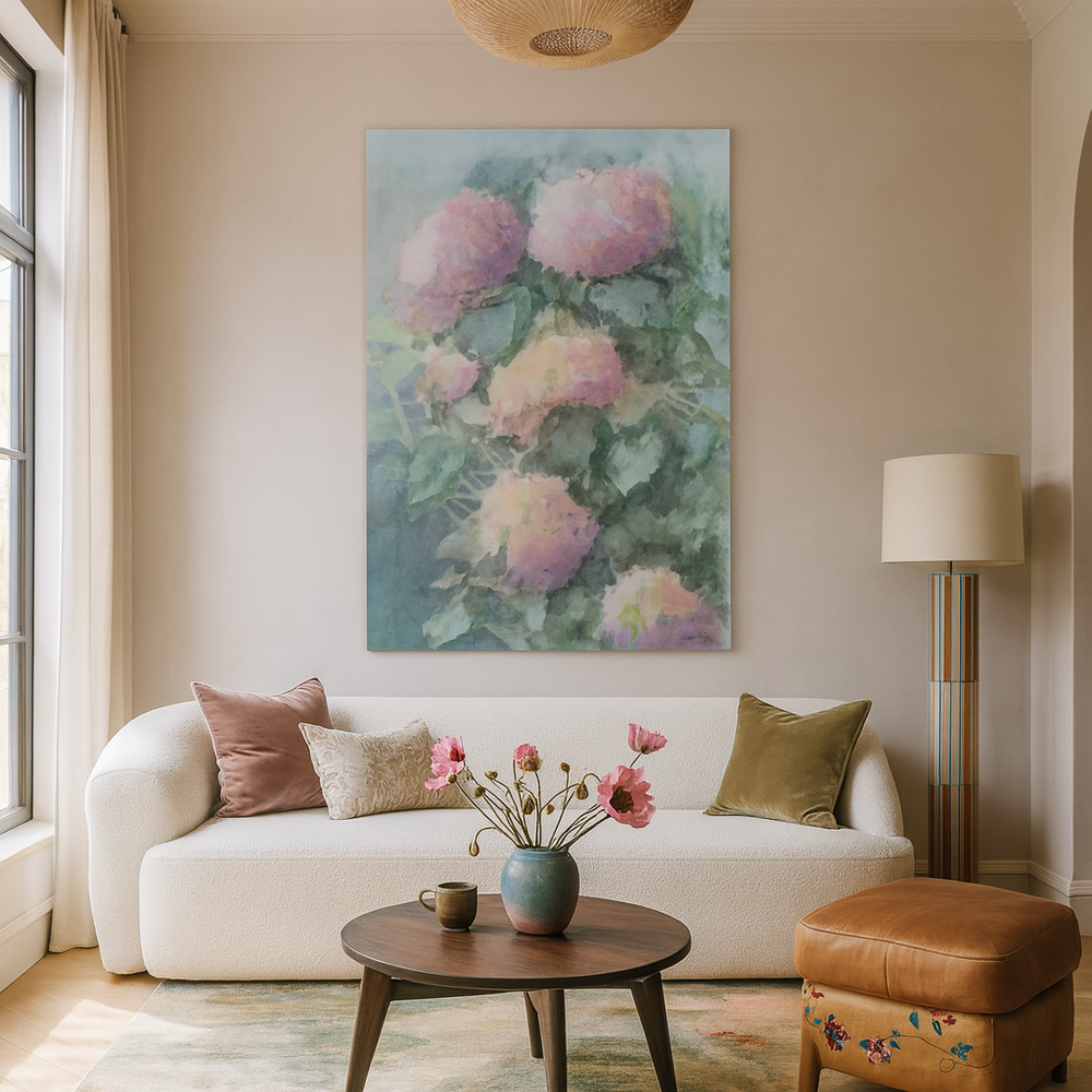 Living room with a white sofa, floral painting, and decorative items.