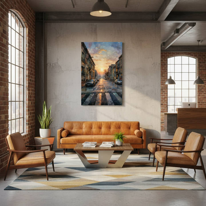 Modern office reception with brown leather sofa, chairs, and a cityscape artwork on the wall - by Mickey Semple on Bromont Media