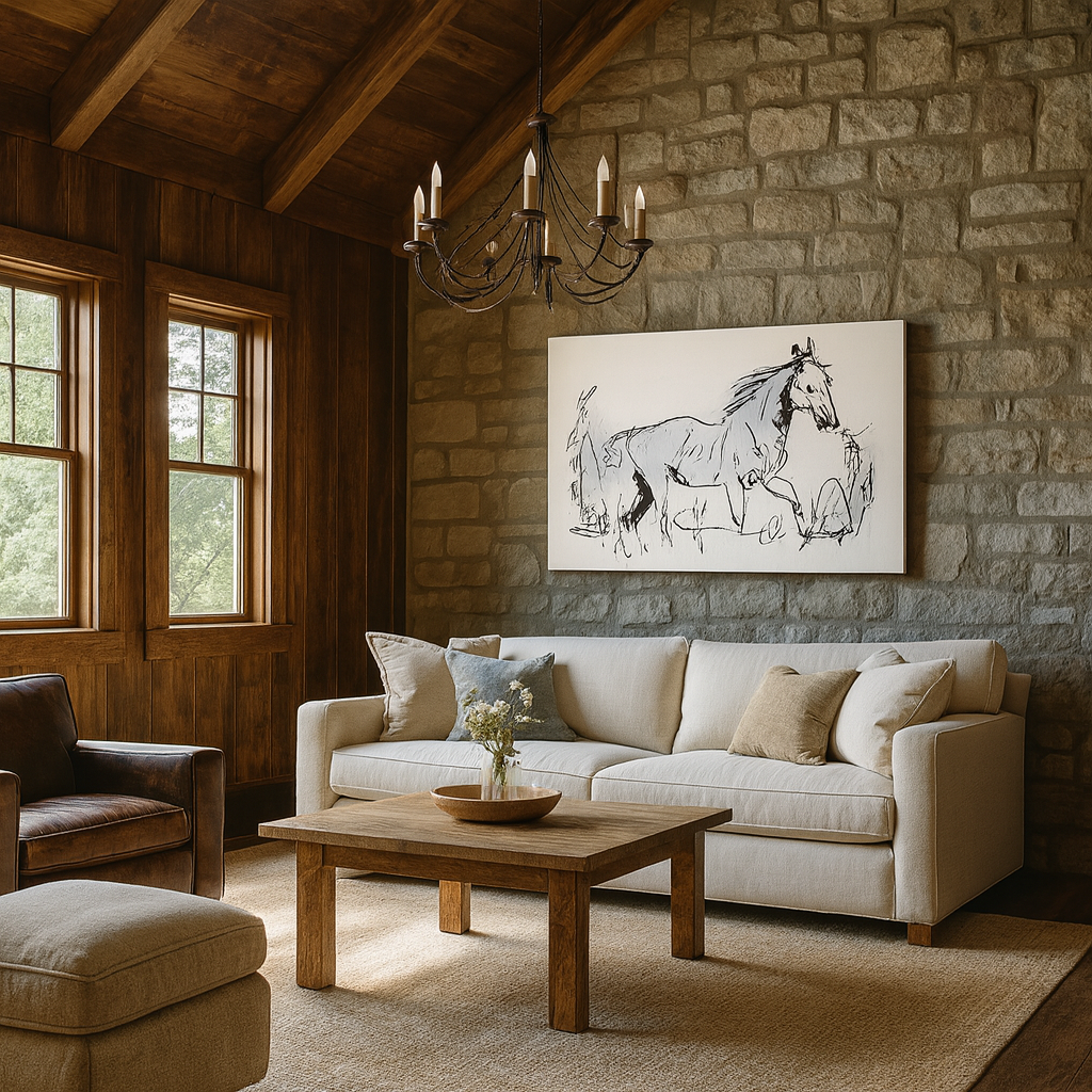 Cozy living room with stone wall, white sofa, wooden coffee table, and horse painting.