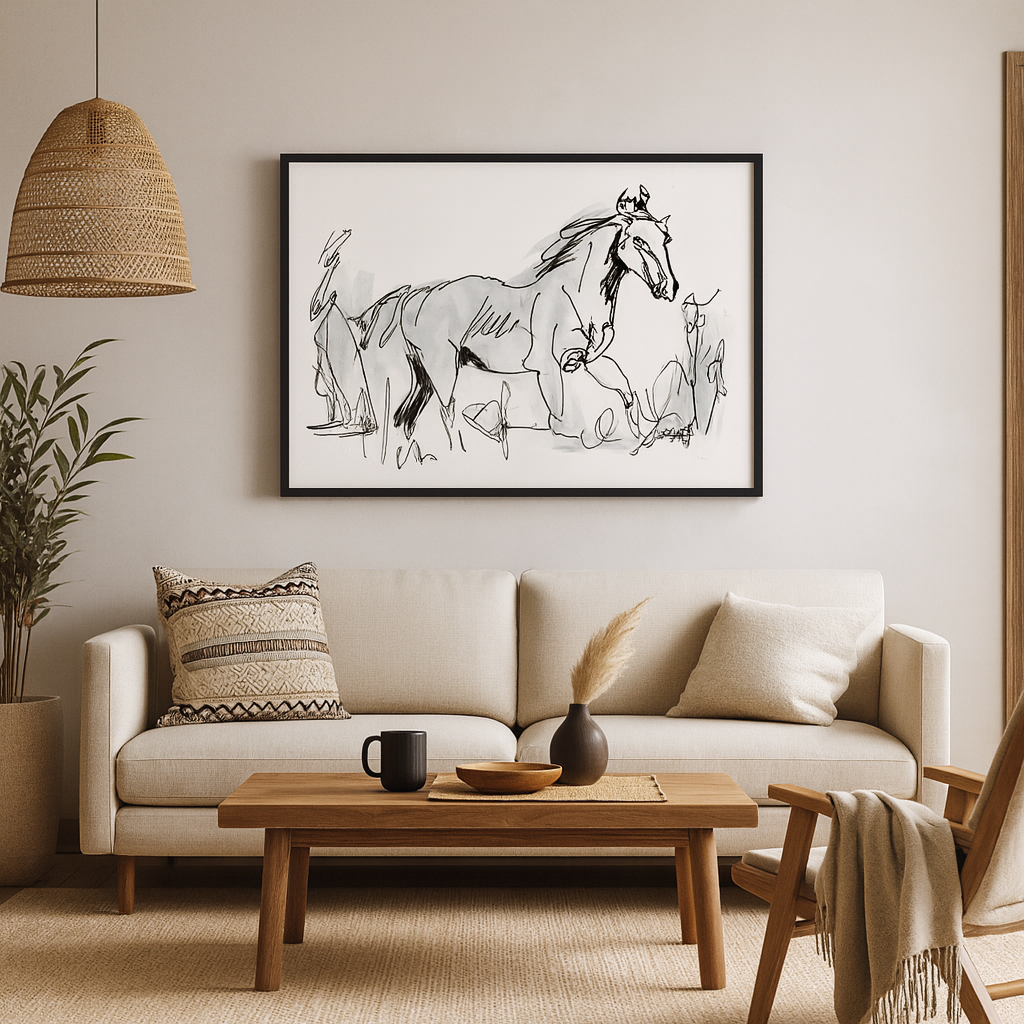 Majestic Equine Motion: Horse Illustration - Premium Matte Framed Art Print