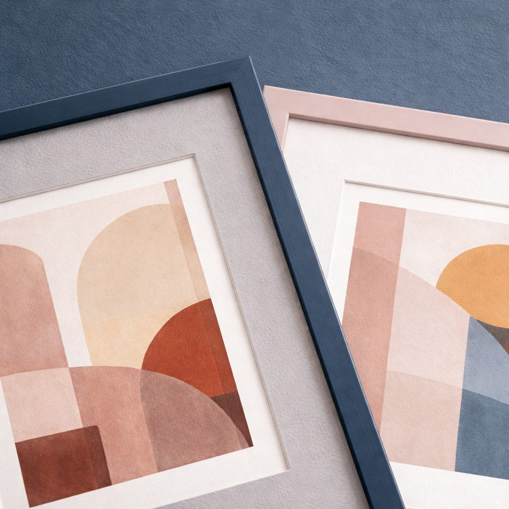 Frame mat examples. Two abstract art prints in frames on a blue surface - Bromont Media