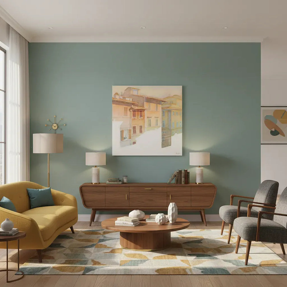 Modern living room with a yellow sofa, wooden coffee table, and blue wall.