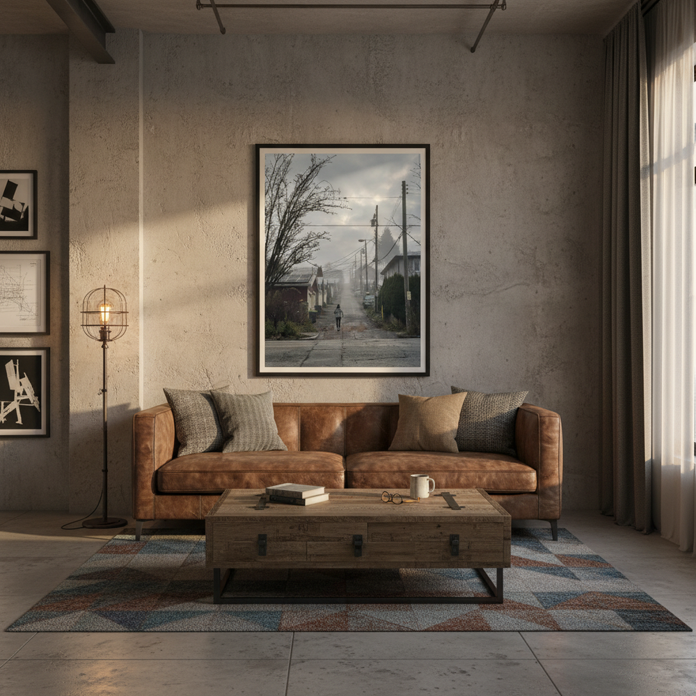 Living room with brown sofa, wooden coffee table, and framed photograph on a textured wall- by Andrew Semple on Bromont Media