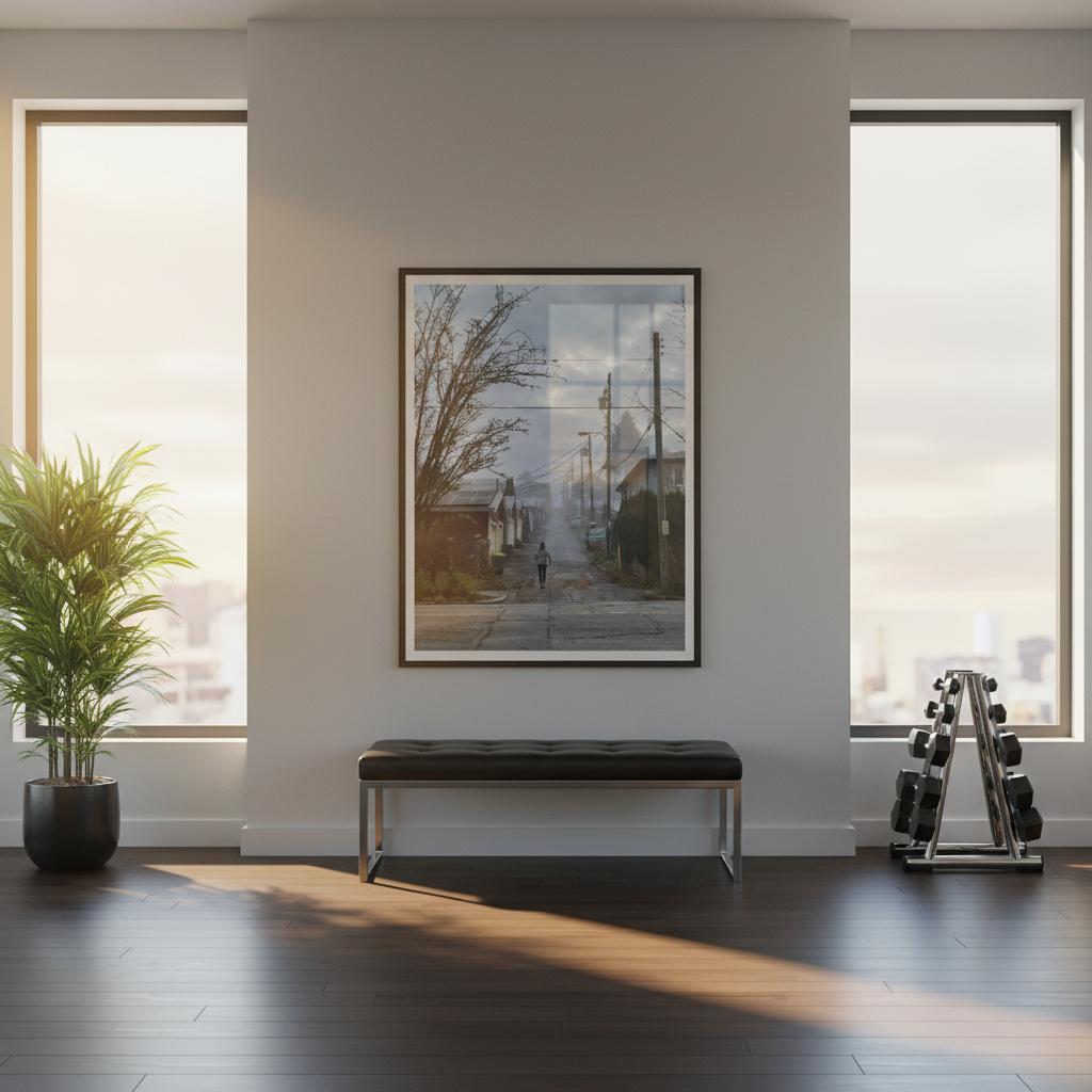 Modern fitness center with a bench, plant, and a large framed photograph - by Andrew Semple on Bromont Media 