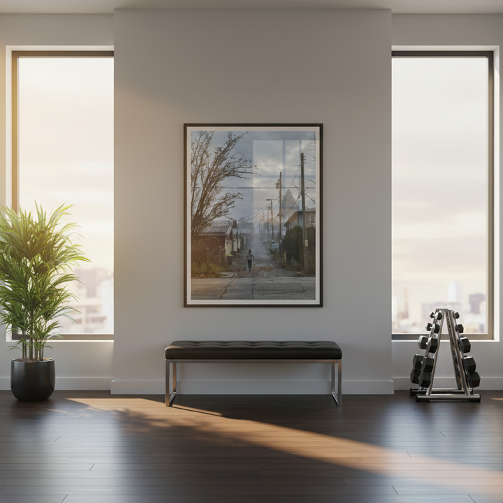 Modern fitness center with a bench, plant, and a large framed photograph - by Andrew Semple on Bromont Media 