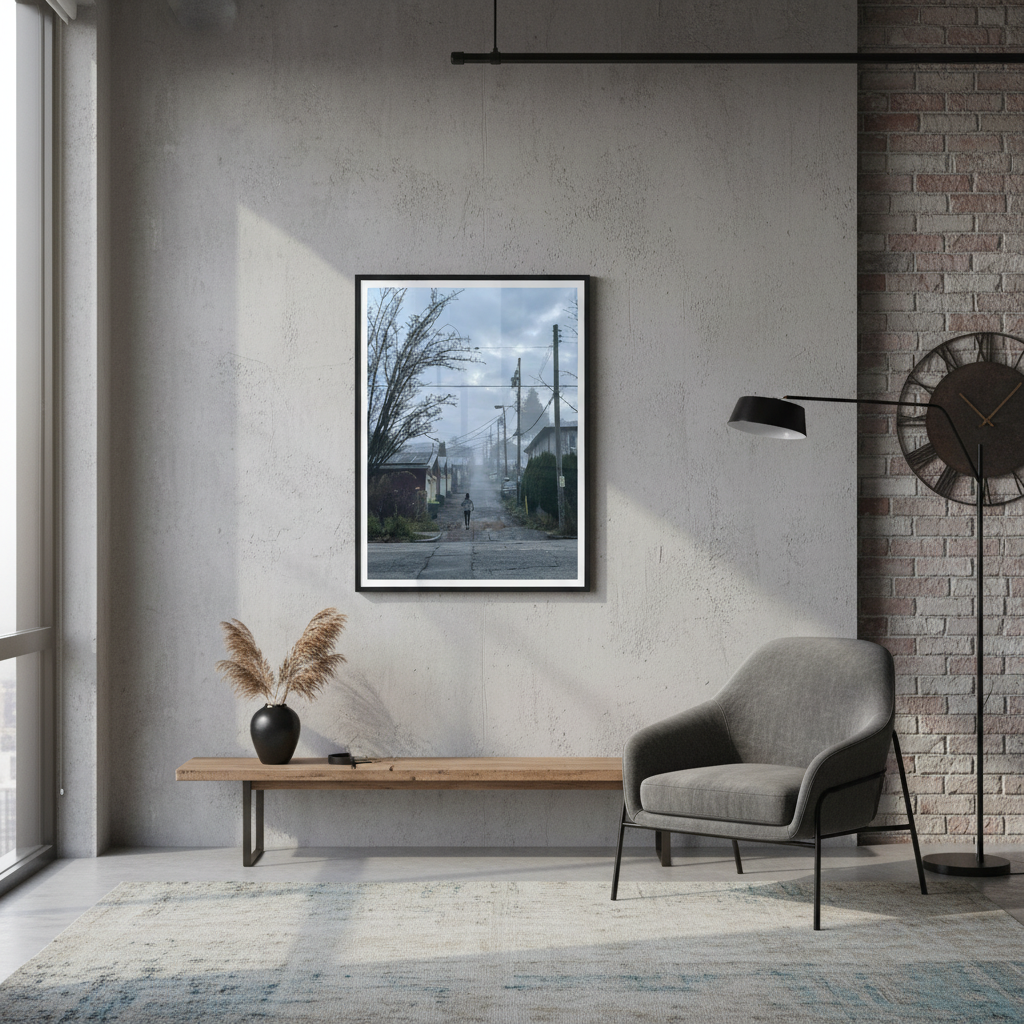 Modern interior with a gray armchair, wooden bench, and framed photography on a concrete wall - by Andrew Semple on Bromont Media