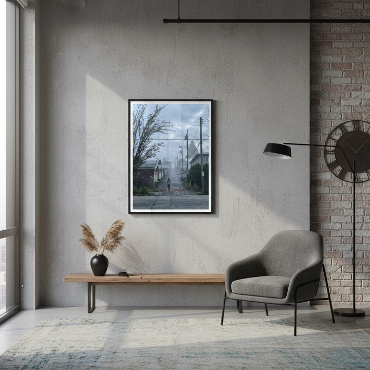 Modern interior with a gray armchair, wooden bench, and framed photography on a concrete wall - by Andrew Semple on Bromont Media