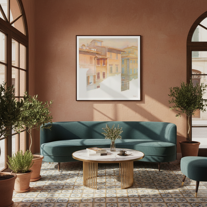 Hotel lobby with art deco furniture and watercolor painting on wall - by Veronique Semple on Bromont Media