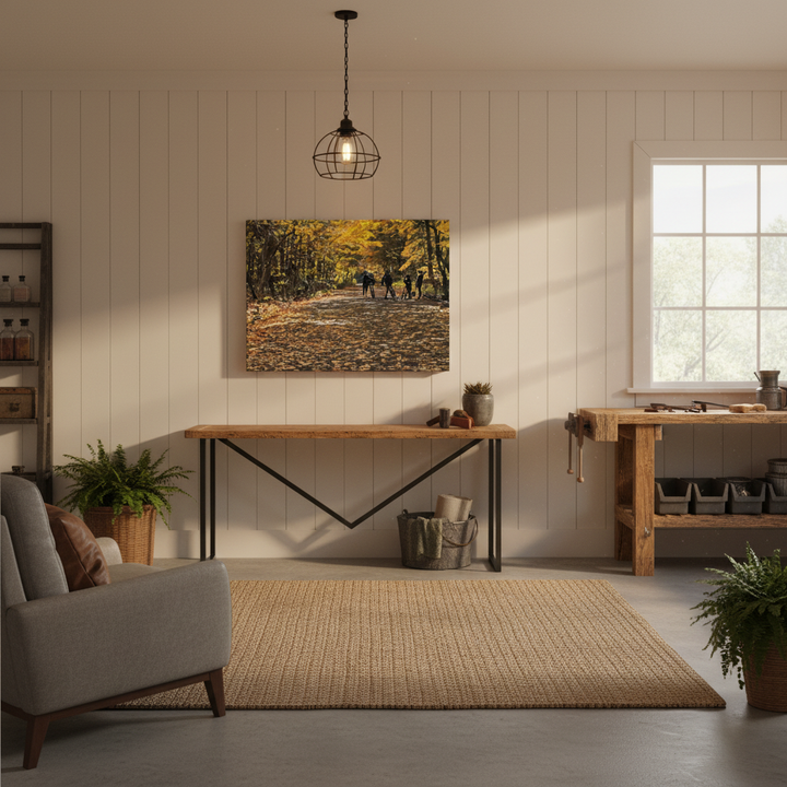 Multifunctional room with artwork of a forest scene on the wall, a gray sofa, and a wooden console table - by Studio Shefford on Bromont Media