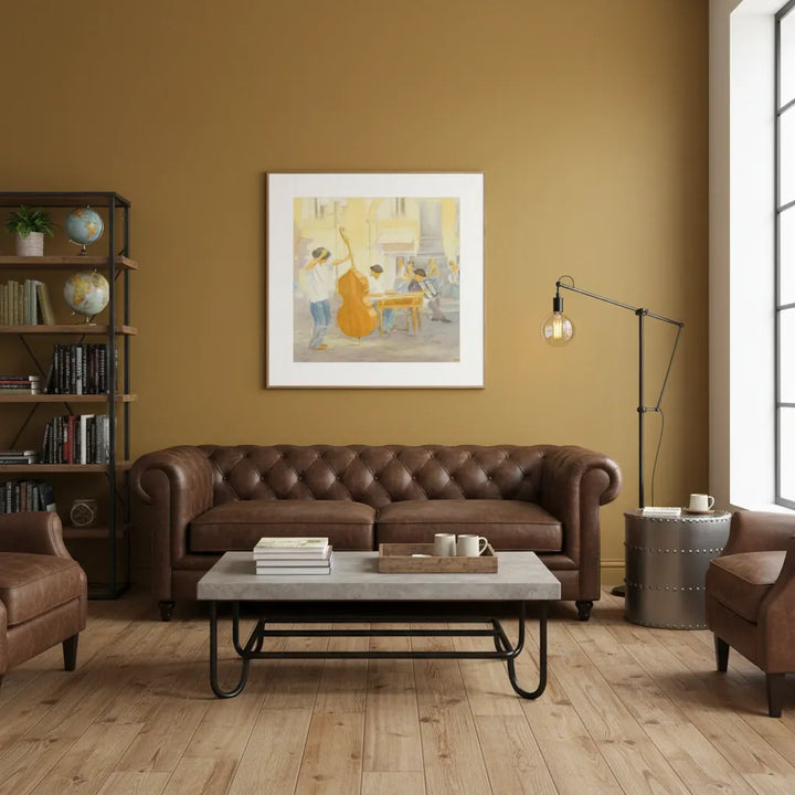 Living room with brown leather sofa, coffee table, and wall art.