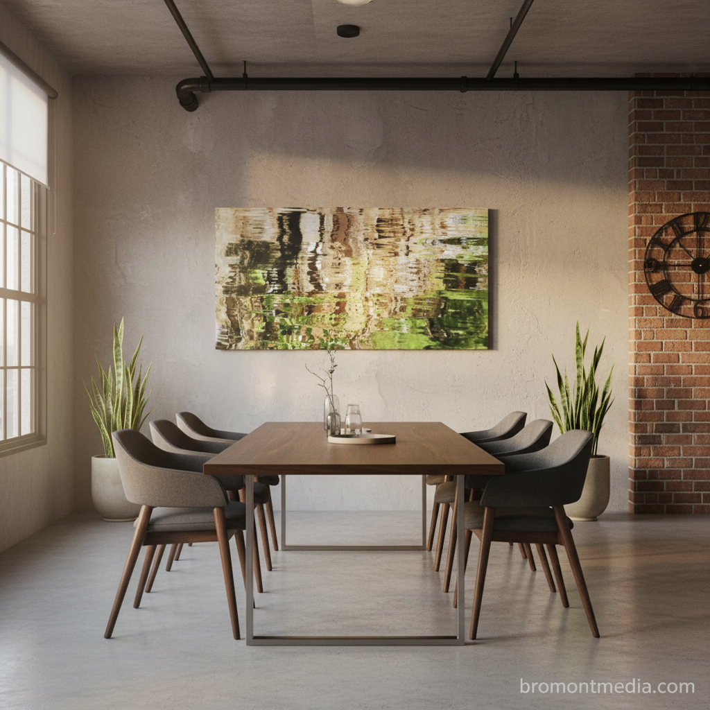 Boardroom with a wooden table and chairs, abstract painting on the wall, and plants - by Emilie Sergerie-Girard on Bromont Media
