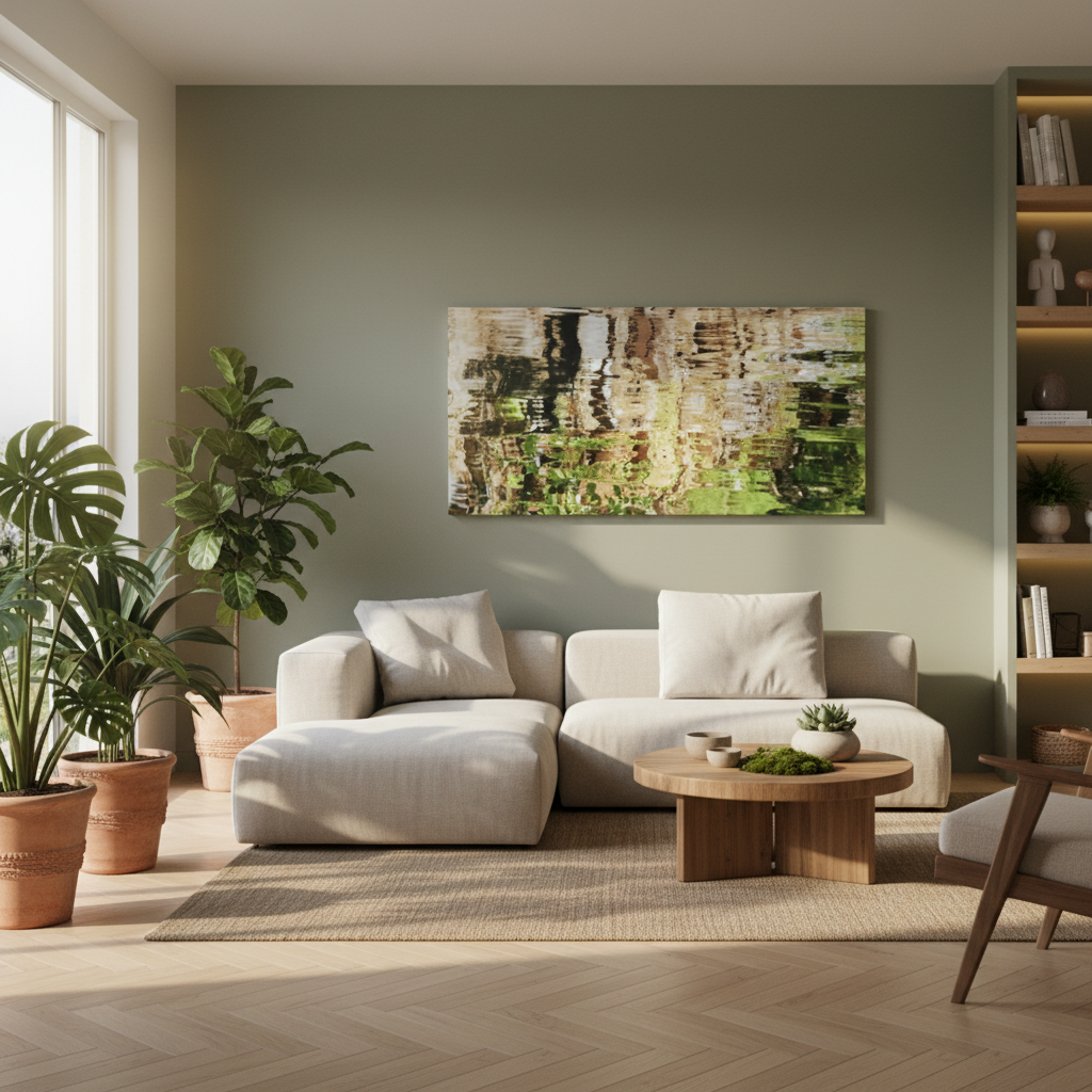 Modern living room with a beige sofa, wooden coffee table, and abstract artwork on the wall - by Emilie Sergerie-Girard on Bromont Media