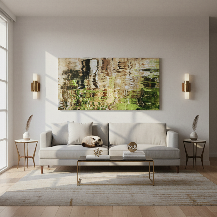 Modern living room with a white sofa, abstract artwork, and side tables - by Emilie Sergerie-Girard on Bromont Media