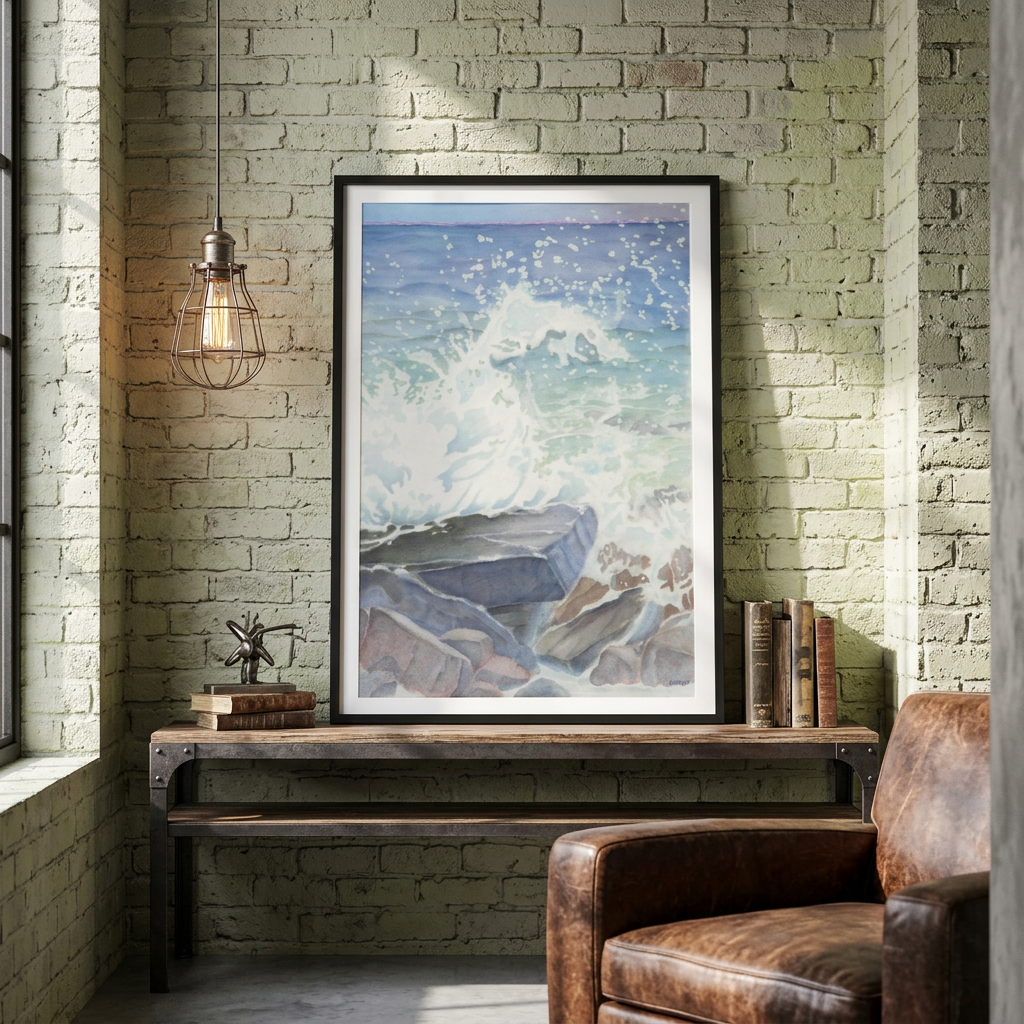 "Euphoria" Blissful Cascading Waves Oceanic Watercolor - Premium Matte Paper Framed Art Print