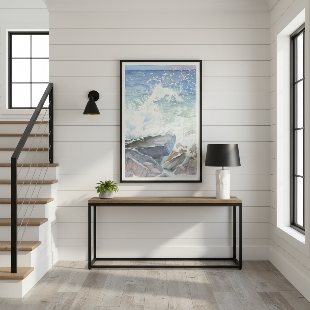 "Euphoria" Blissful Cascading Waves Oceanic Watercolor - Premium Matte Paper Framed Art Print