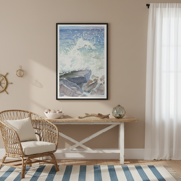 "Euphoria" Blissful Cascading Waves Oceanic Watercolor - Premium Matte Paper Framed Art Print
