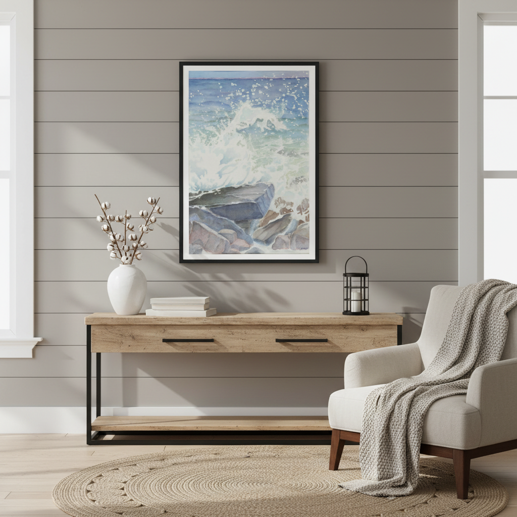 "Euphoria" Blissful Cascading Waves Oceanic Watercolor - Premium Matte Paper Framed Art Print