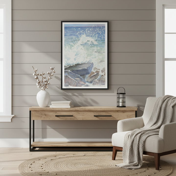 "Euphoria" Blissful Cascading Waves Oceanic Watercolor - Premium Matte Paper Framed Art Print