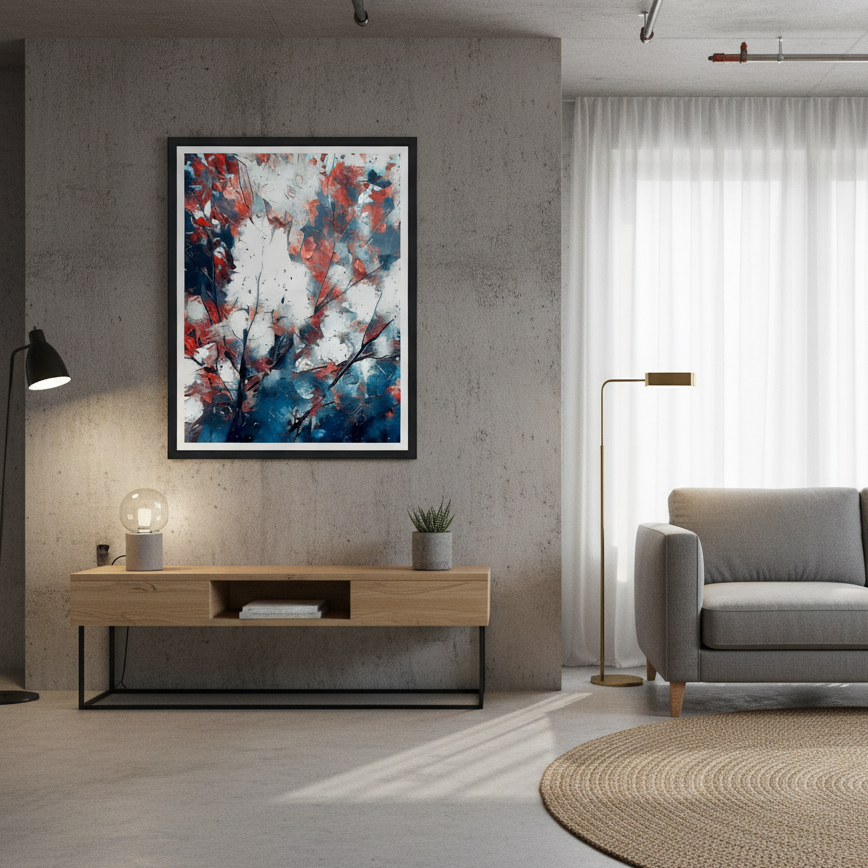 Modern living room with gray sofa, wooden coffee table, and abstract painting on wall - by Studio Shefford on Bromont Media