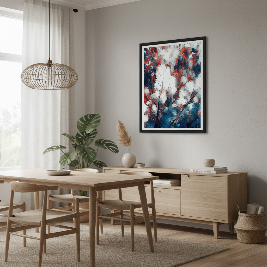 Dining room with a wooden table and chairs, a sideboard, and a colorful abstract painting on the wall.