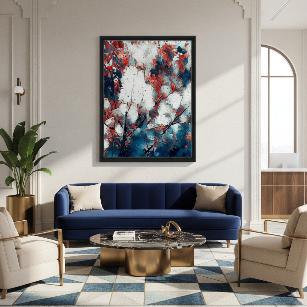 Modern lobby with a blue sofa, colourful abstract wall art, and decorative elements - by Studio Shefford on Bromont Media