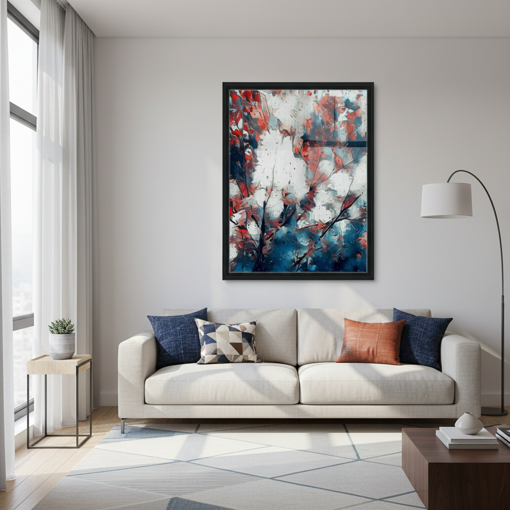 Modern living room with a white sofa, colorful pillows, and an abstract painting on the wall - by Studio Shefford on Bromont Media