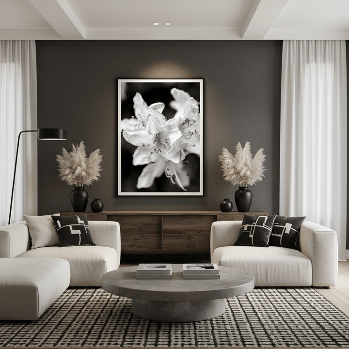 "Azalea Bloom in Noir" Elegant Black and White Floral Photography - Premium Matte Framed Art Print
