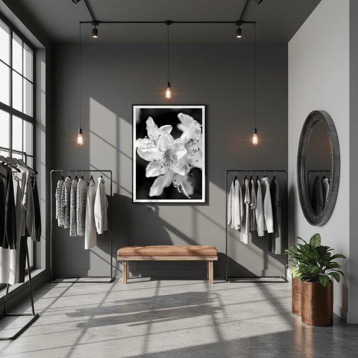 "Azalea Bloom in Noir" Elegant Black and White Floral Photography - Premium Matte Framed Art Print