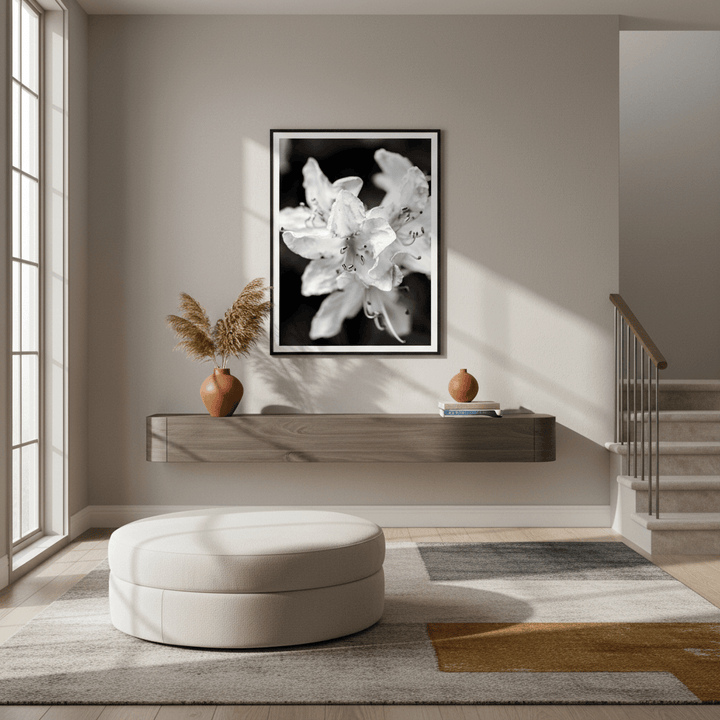 "Azalea Bloom in Noir" Elegant Black and White Floral Photography - Premium Matte Framed Art Print