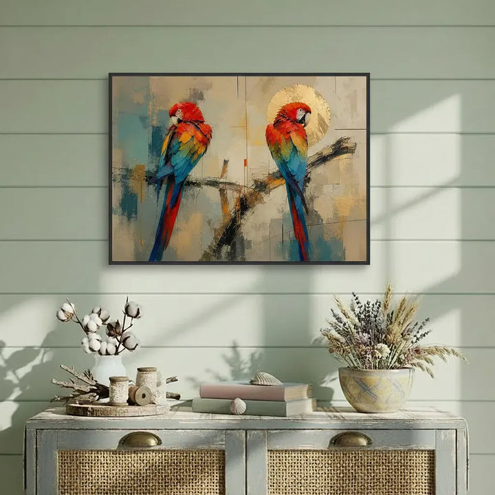 "Macaws in Gold" Vibrant Scarlet Macaw Duo Wall Art - Canvas Framed Options
