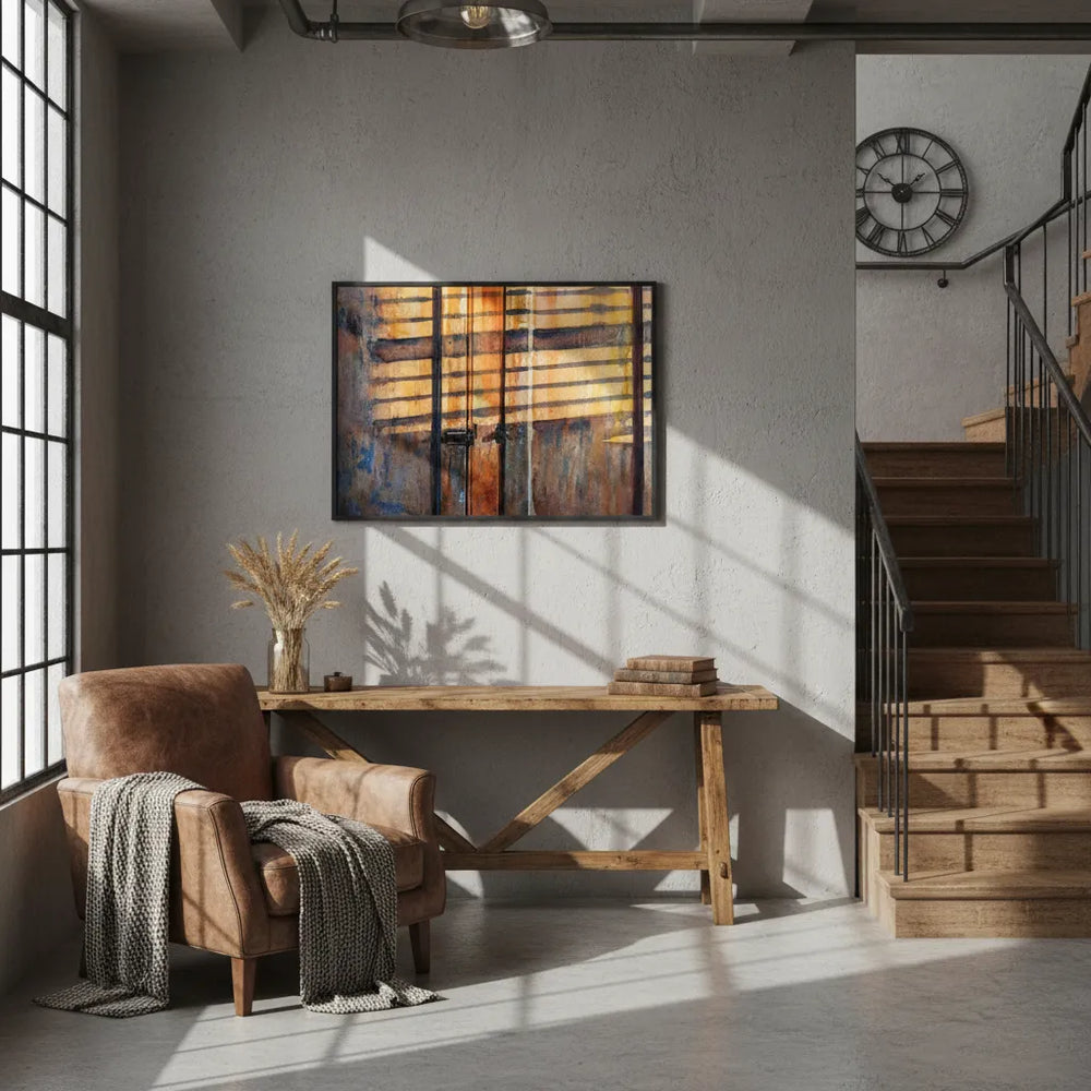 Modern interior with a brown armchair, wooden table, and abstract painting on a gray wall.