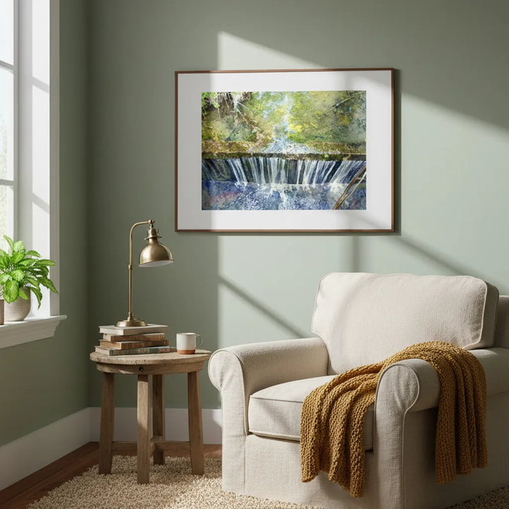 Living room with a beige armchair, small wooden table, and framed artwork on the wall.