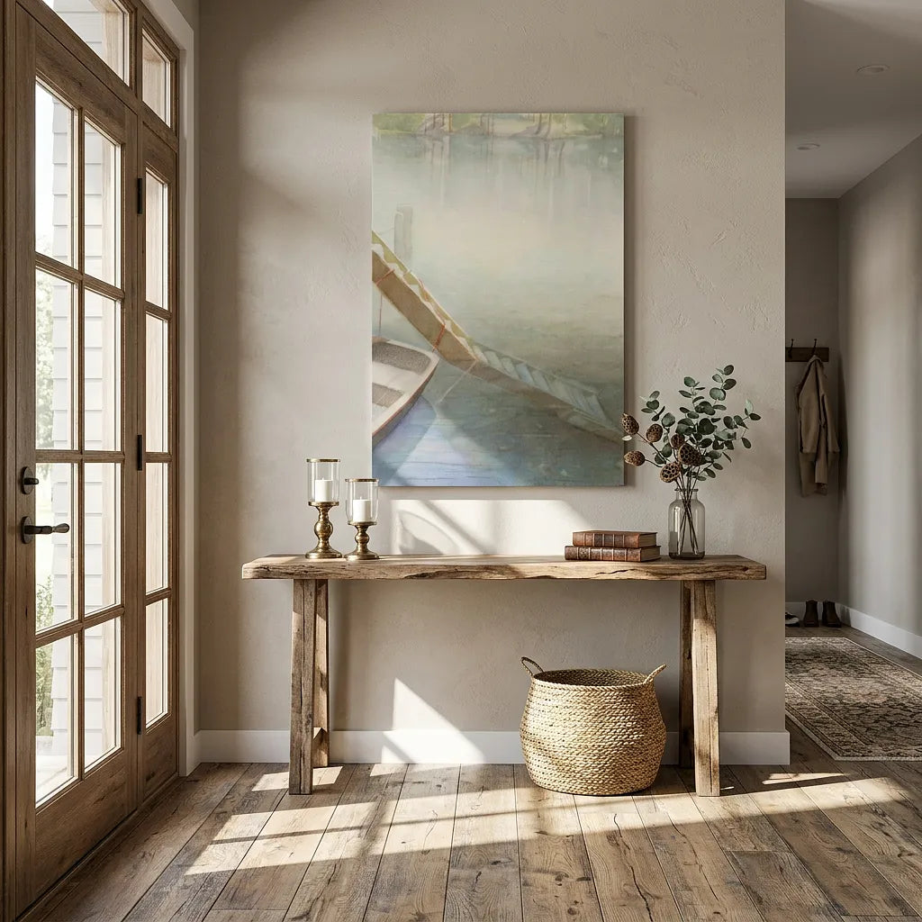 Nestled corner of a room with wooden floor, a wooden console table, abstract painting, and decorative items - Bromont Media