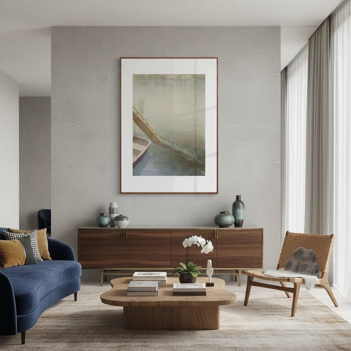 Modern living room with a blue sofa, wooden coffee table, and framed artwork on the wall - Bromont Media