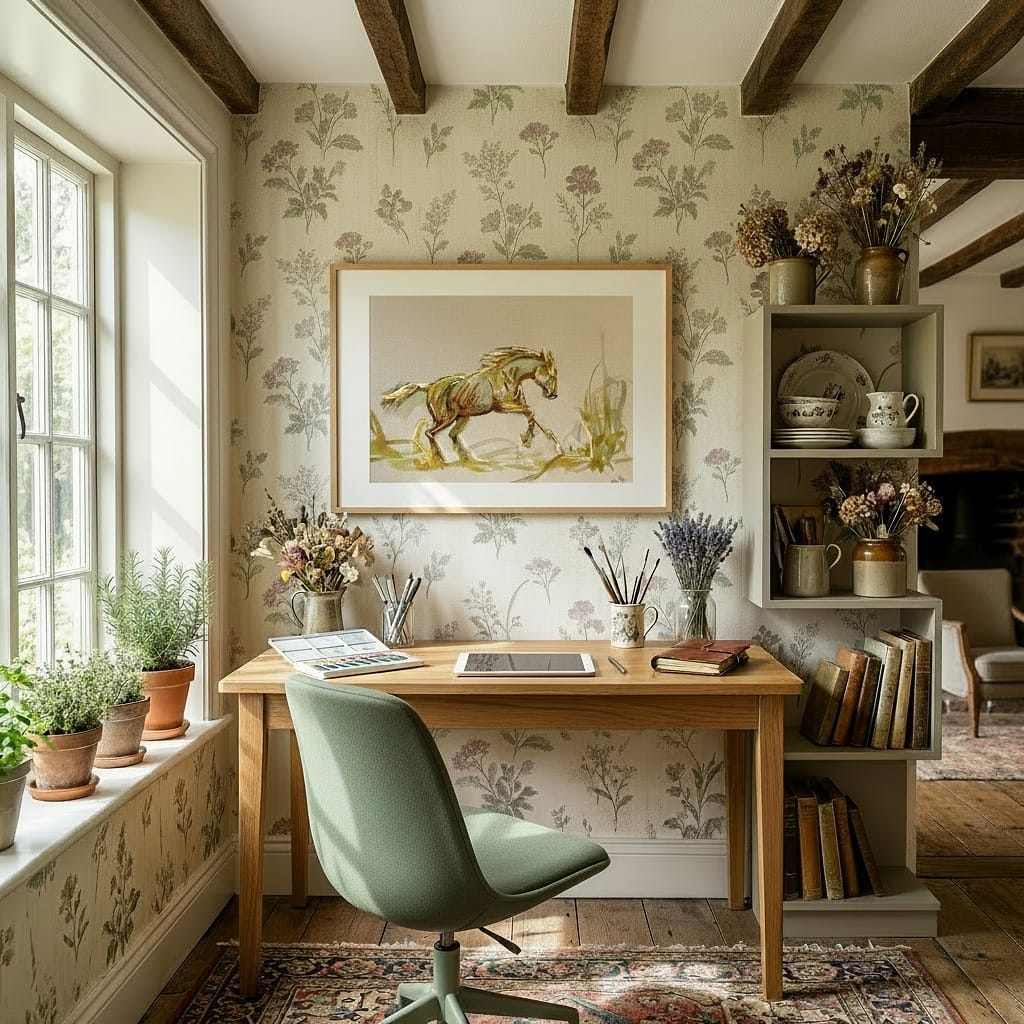 Home office with wooden desk, chair, and decorative elements - Bromont Media