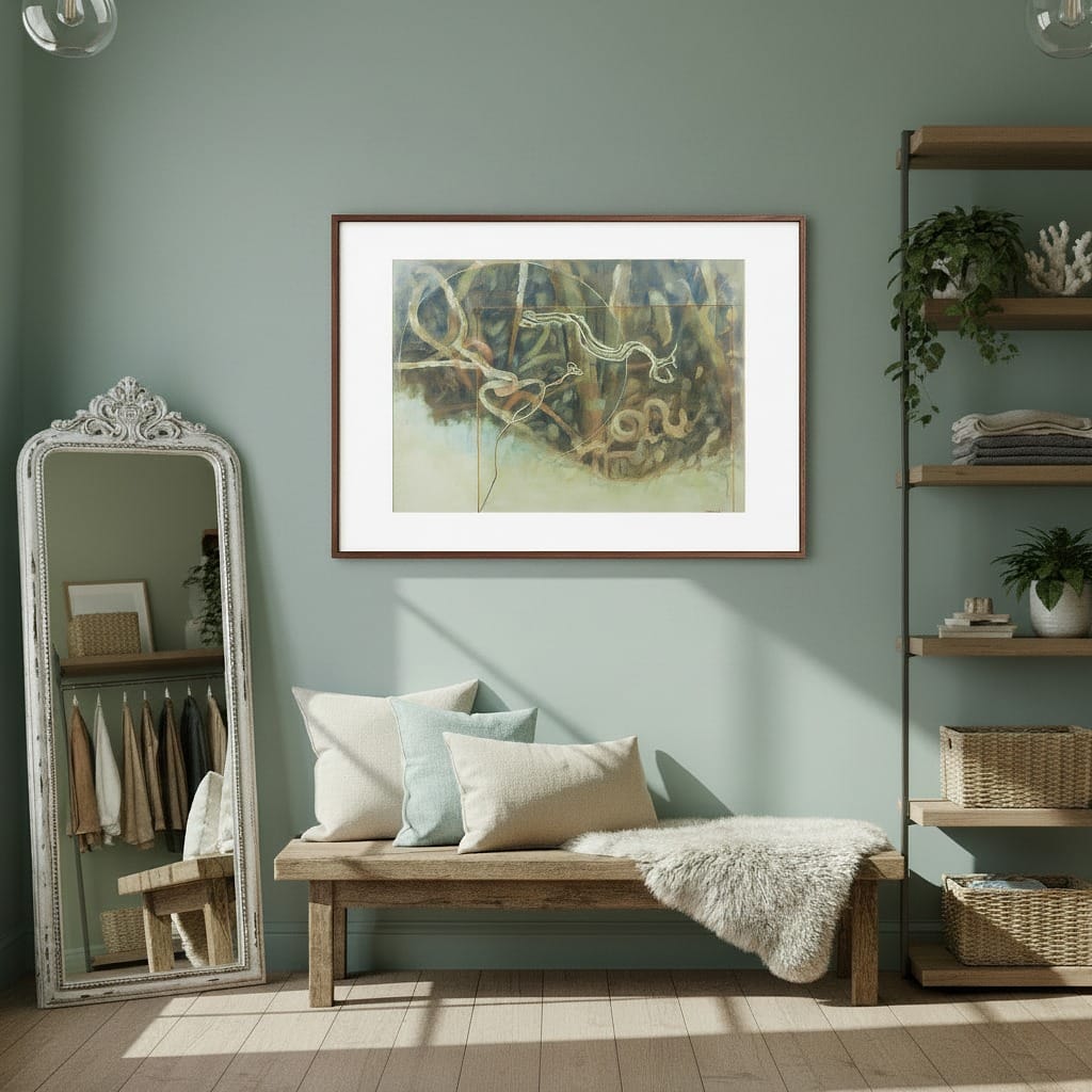 Nest living room with a wooden bench, mirror, and shelves against a green wall.