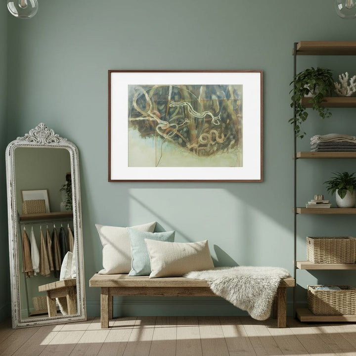 Nest living room with a wooden bench, mirror, and shelves against a green wall.