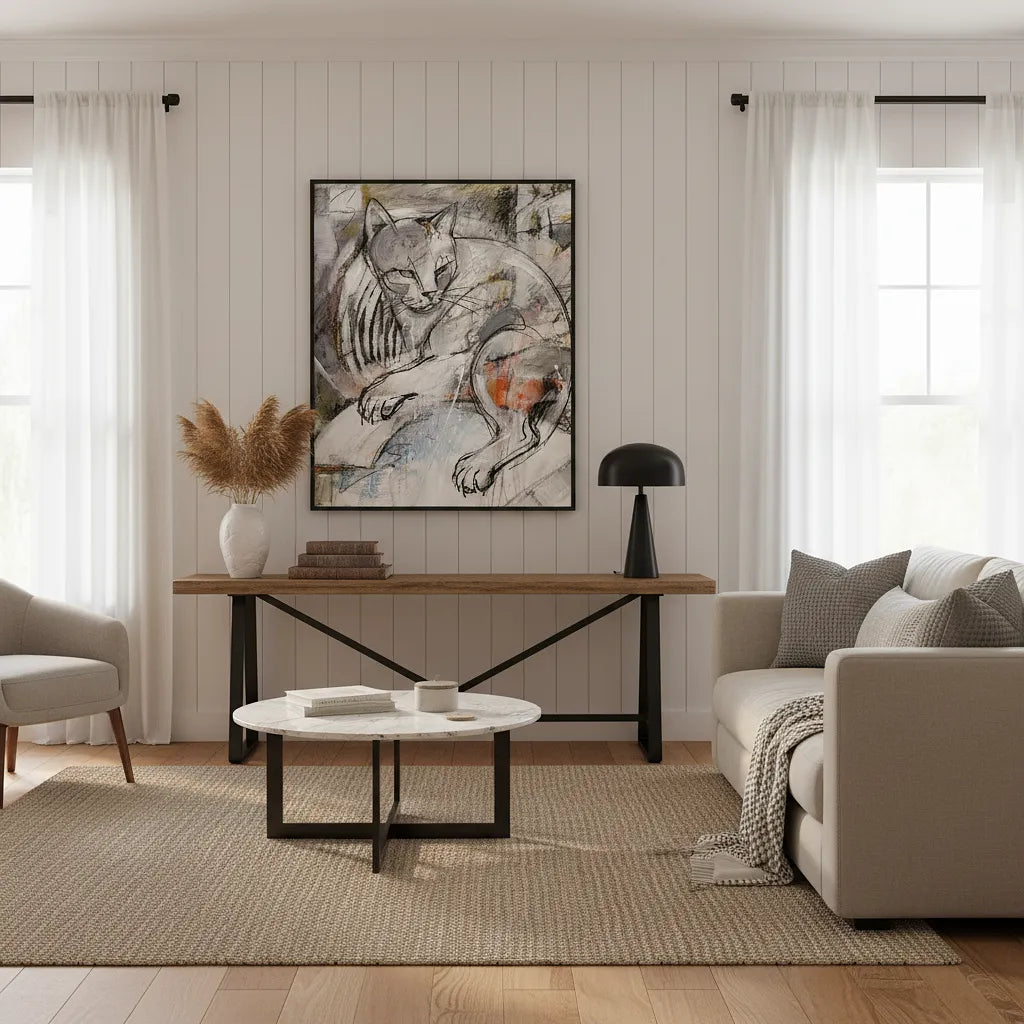 Modern Expressionist Grey Cat Sketch Wall Art Print - Canvas Framed Options