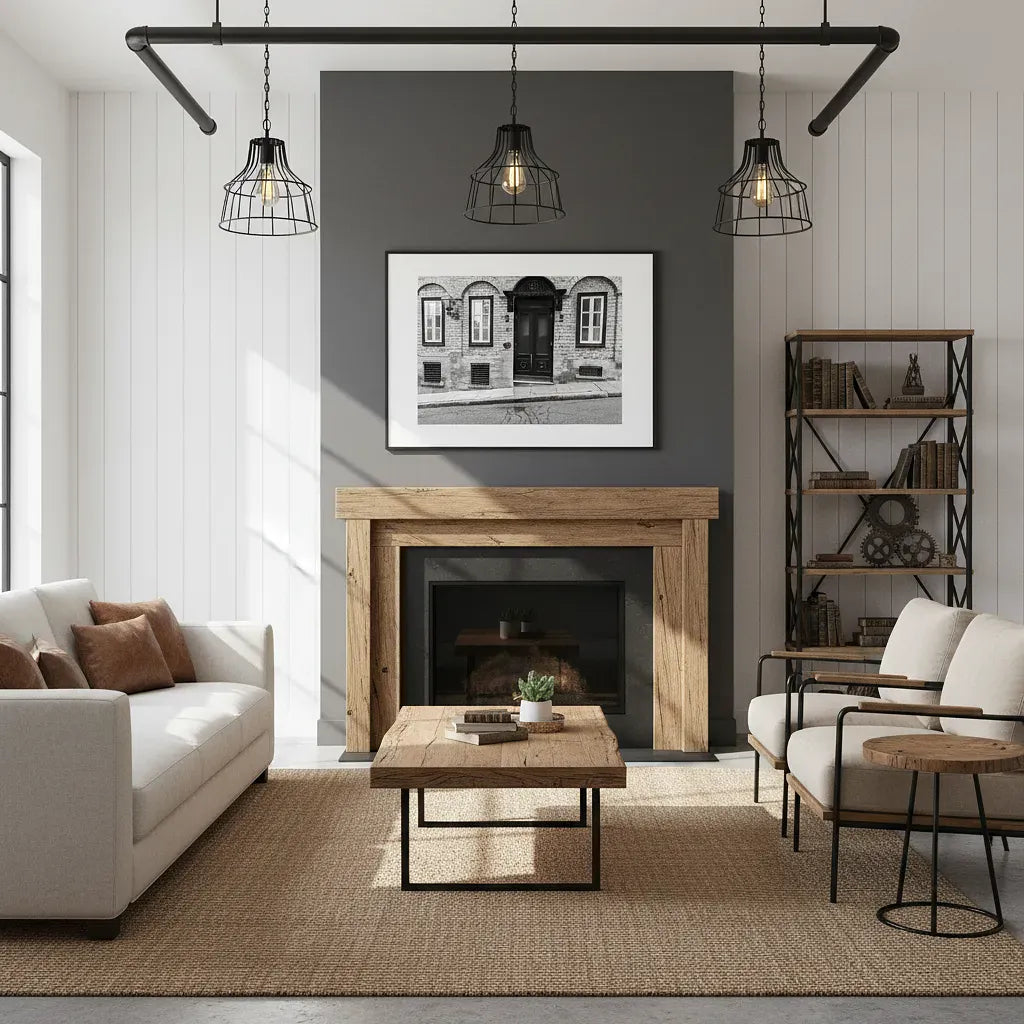 Modern living room with a fireplace, white walls, and decorative elements - Studio Shefford