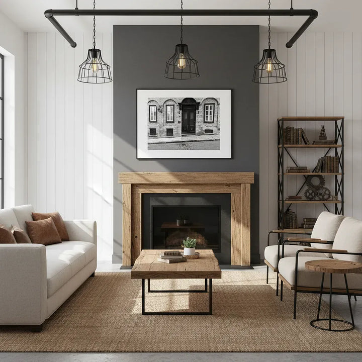 Modern living room with a fireplace, white walls, and decorative elements - Studio Shefford