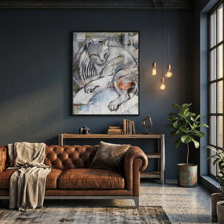 Modern Expressionist Grey Cat Sketch Wall Art Print - Canvas Framed Options