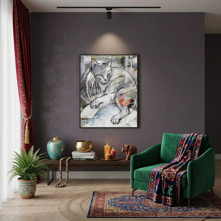 Modern Expressionist Grey Cat Sketch Wall Art Print - Canvas Framed Options